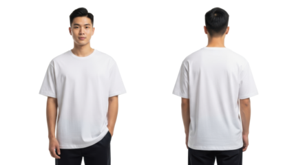 Young asian man in oversized white t-shirt & dark chinos, side-by-side front & back views on white studio background with copy space, soft lighting, apparel mockup concept for product display