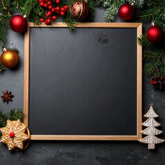 A square black chalkboard decorated with holiday ornaments and greenery
