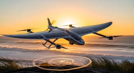 Fototapeta premium Solar-Powered Drone Innovation: Unmanned Aerial Vehicle with Solar Panels Hovering Over Ocean at Sunset, Demonstrating Sustainable Aviation and Renewable Energy Technology