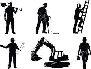 Obraz premium Silhouettes of construction workers with tools and equipment, jackhammer, ladder, blueprint, toolbox, excavator, safety gear, industrial site illustration