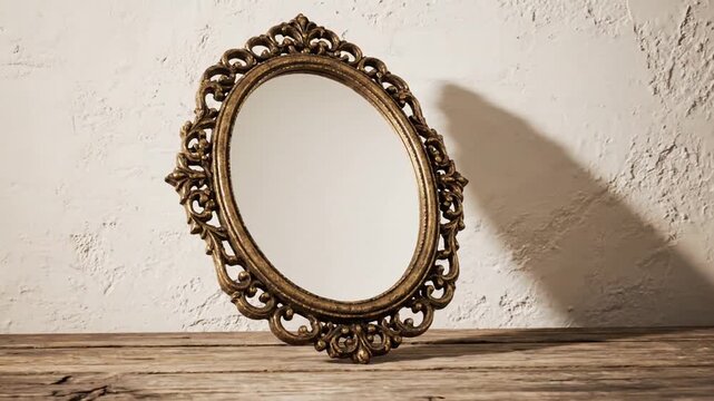 Ornate Oval Mirror with Golden Frame on Rustic Wooden Surface against Textured White Wall Reflecting Light and Shadow Antique Home Decor Art Design Interior Decoration