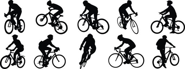 Silhouettes of diverse cyclists riding bicycles in various postures, showcasing road biking, mountain biking, racing styles, and cycling equipment variety
