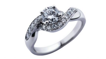 Close up of a silver ring with a large diamond and smaller diamonds on a black background on transparent background