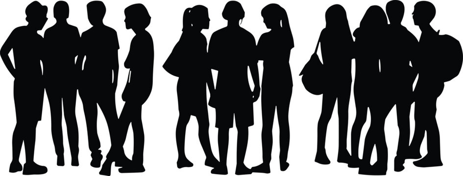 Silhouettes of diverse people standing together, interacting casually, representing social behavior, group dynamics, student life, and educational environments outdoorsSilhouettes of diverse 