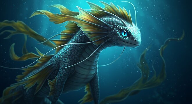 Mystical Underwater Dragon Creature with Glowing Eyes and Flowing Fins.