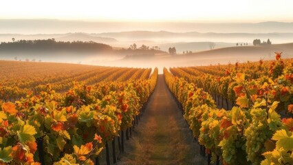 Naklejka premium Misty dawn in a vineyard valley, grape leaves tinted gold and red, distant hills softly visible through the morning haze. Generative AI