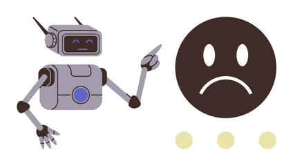 Robot with expressive face gesturing toward a sad emotion highlighting emotional tech interaction. Ideal for AI, technology, emotions, robotics, innovation, problem-solving, user feedback, simple