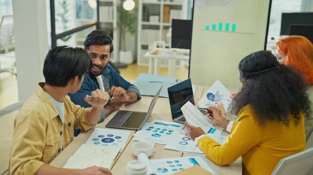 Diverse fintech innovators and multiethnic professionals collaborate in an agile hackathon workshop, integrating AI-powered analytics and adaptive business models to drive exponential growth, digital 