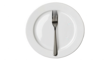 A top view of a silver fork placed vertically on a white plate against a black background scene on transparent background