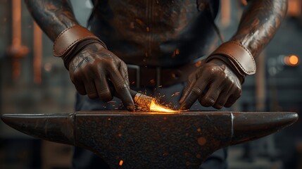 Tattooed artisan forging hot metal on anvil with sparks flying in dark workshop, a dynamic representation of skill, strength, and dedication to craft
