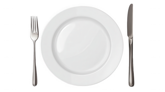 A white plate with a fork on the left and a knife on the right on a black background isolated on transparent background