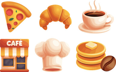 Set of 3D food and café icons including pizza slice, croissant, coffee cup, pancakes, chef hat, and bakery shop
