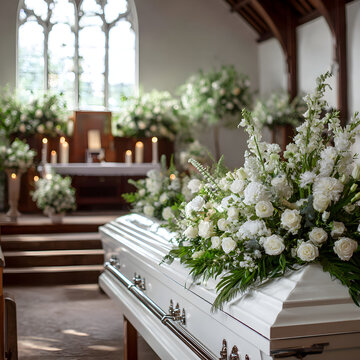 Funeral With A White Casket And White Flowers In A Church 