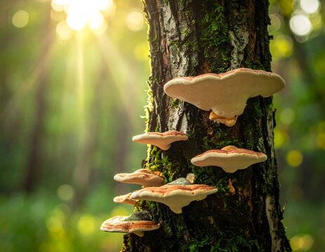 Sunlit image of tree with mushroom growth, forest backdrop, bokeh effect. Focus on the fungal growth and tree trunk illuminated by the sun's rays - Powered by Adobe