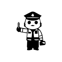 Illustration of a cute traffic police cartoon character in various poses and activities, such as giving hand signals, directing traffic, stopping vehicles, and standing next to a police motorcycle.