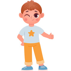 Cartoon Boy Character Winking and Giving Thumbs Up Wearing Light Blue T Shirt with Orange Star and Orange Pants with Blue Shoes Simple Cheerful Illustration with Transparent Background
