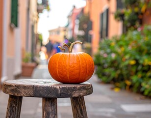 Orange pumpkin on wooden stool in Italian alley