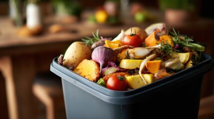 A compost bin filled with organic waste, showcasing a variety of vegetables and fruits ready for recycling.