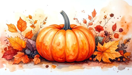 Orange pumpkin surrounded by autumn leaves