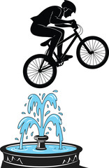 Fototapeta premium Silhouette illustration of BMX rider performing extreme stunt jump on bicycle over decorative water fountain with splashing streams vector art.