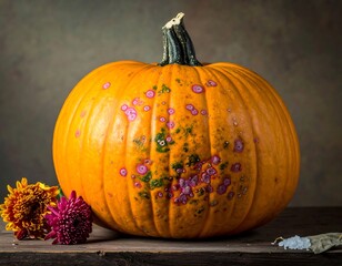 Orange pumpkin with spots, beside flowers