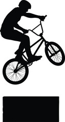 Fototapeta premium Silhouette of BMX rider performing jump stunt on bicycle over obstacle, extreme sport action, freestyle cycling tricks, urban adventure vector illustration.