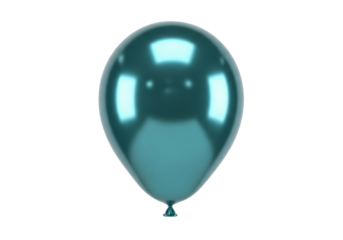 A perfectly inflated, shiny metallic teal balloon with a visible knot, floating effortlessly against a pristine transparent background with ample copy space and no shadows. Concept of joy and