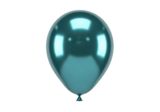 A perfectly inflated, shiny metallic teal balloon with a visible knot, floating effortlessly against a pristine transparent background with ample copy space and no shadows. Concept of joy and