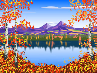 Autumn landscape in vector. Mountains, water and shore with birch trees, leaf fall.