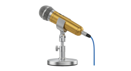 Isolated golden dynamic microphone on a silver stand with a blue cable, clear backdrop