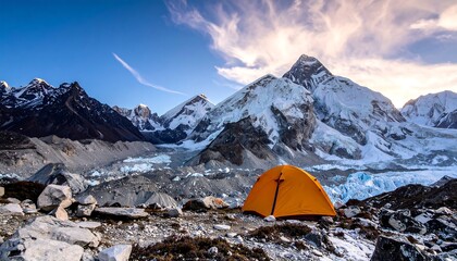Orange tent nestled at base of snow-capped Himalayas