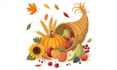 Thanksgiving Harvest Illustrations – Cornucopia, Pumpkins, Autumn Leaves, and Fall Fruits Collection