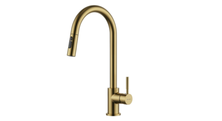 Isolated Kitchen Faucet Fixture in Gold Finish for Sink, Contemporary Minimalist Style, Modern