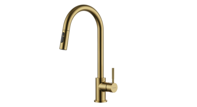 Isolated Kitchen Faucet Fixture in Gold Finish for Sink, Contemporary Minimalist Style, Modern