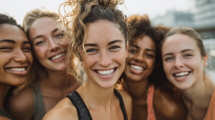 Obraz premium A joyful group of diverse friends smiling together outdoors, celebrating friendship and happiness.