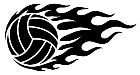 Volleyball Ball on Fire Black and White Silhouette, Flaming Sport Design, Hot Game Action Logo