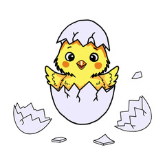 Illustration of hand drawn colorful chick hatching from egg isolated on transparent background
