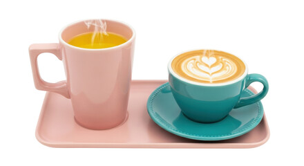 Isolated beverages two cups on pink tray teal espresso heart art steam drink hot warm tasty
