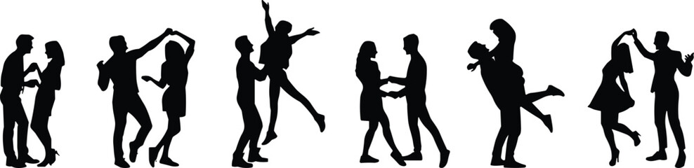 Silhouettes of seven dancing couples in joyful poses representing celebration, movement, romance, and expressive body language for design referenceSilhouettes of seven dancing couples in joyful 