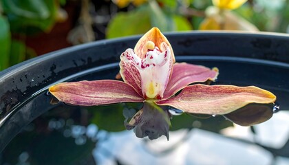 Orchid blossom floats on water in dark pot