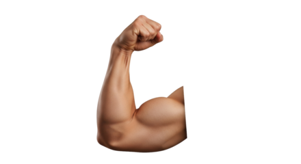 Isolated muscular human arm flexing, showing strong biceps, strength and power symbol