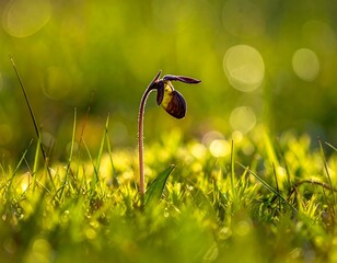 Orchid in grass, sunlit bokeh