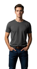 Fototapeta premium Young caucasian man in dark grey t-shirt, jeans, hands in pockets, confident, full-body against clean grey-brown studio background with copy space, commercial fashion concept