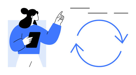Woman pointing at process flow with circular arrows, holding tablet. Ideal for teamwork, planning, productivity, education, analysis, workflow digital tools. Clean simple flat metaphor