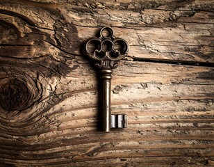 Ornate antique key on weathered wood