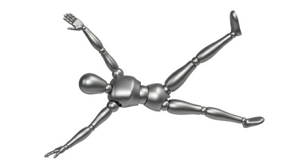 Isolated mannequin figure on floor with open arms and legs, lying down, body construction