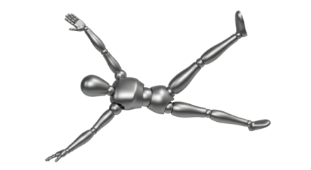 Isolated mannequin figure on floor with open arms and legs, lying down, body construction