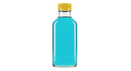 Isolated glass bottle with bright blue liquid and yellow screw cap, health product studio shot