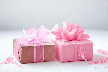 Two pink gift boxes tied with ribbons and bows