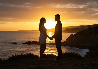 Fototapeta premium Romantic Sunset Silhouette - Couple Holding Hands by the Ocean.